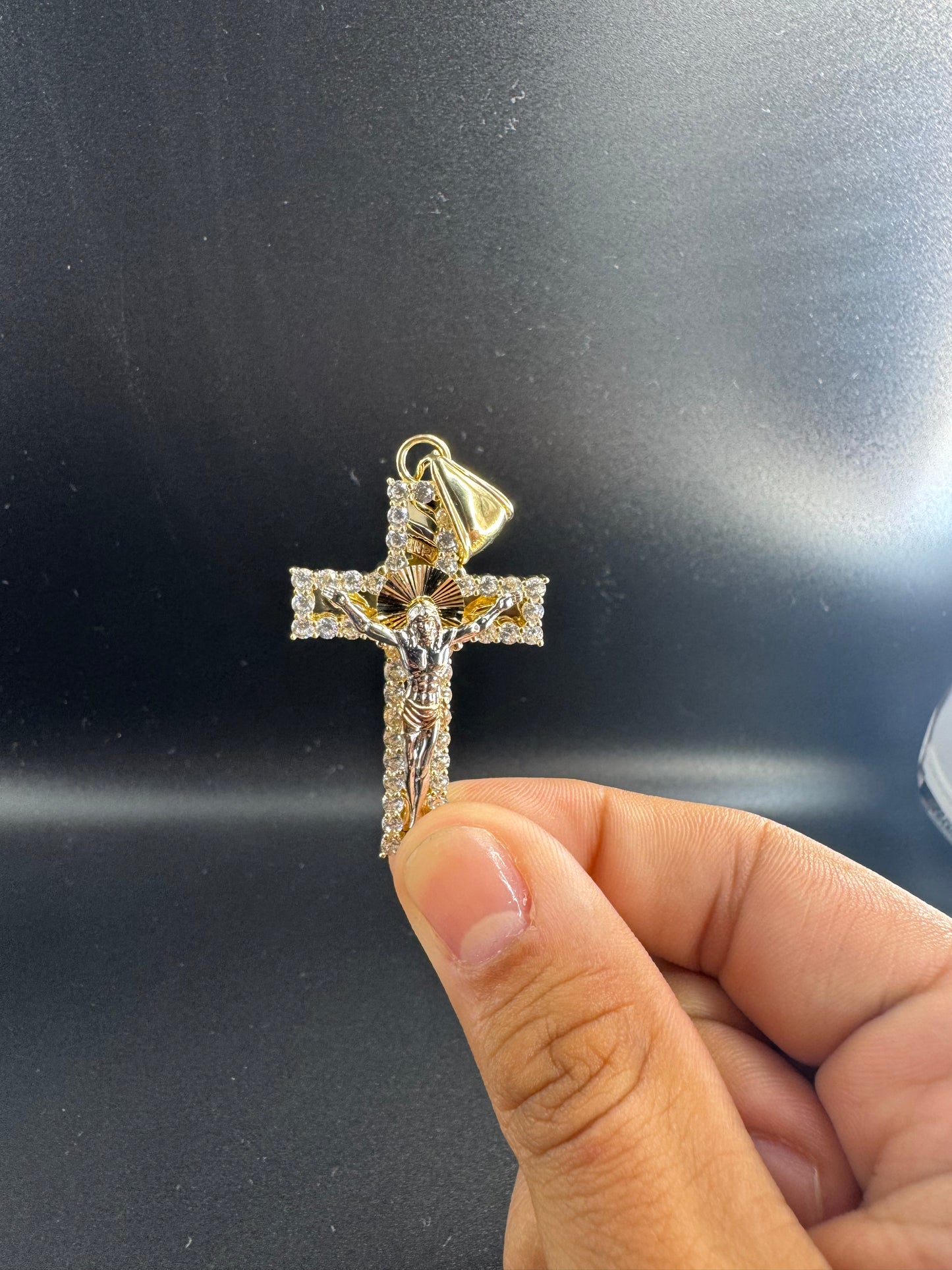 14K 3 COLORED CROSS WITH CHRIST AND ZIRCONS