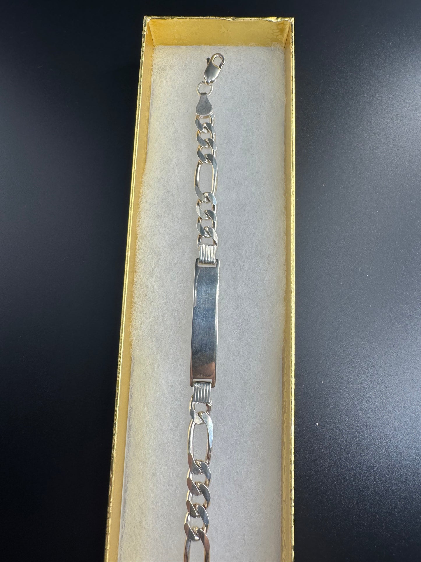 SILVER FIGARO LINK NAME PLATE BRACELET
