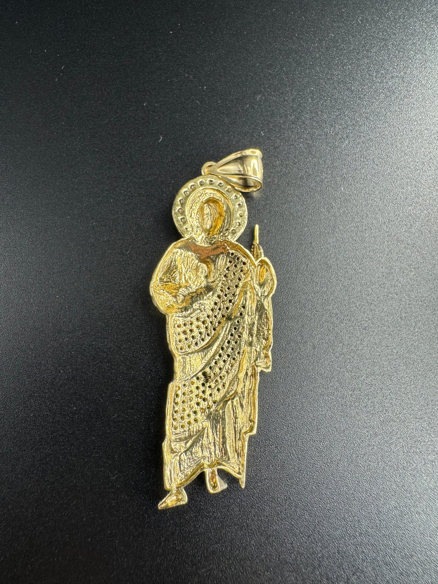 14K LARGE SAN JUDAS WITH RED GREEN AND WHITE ZIRCONS