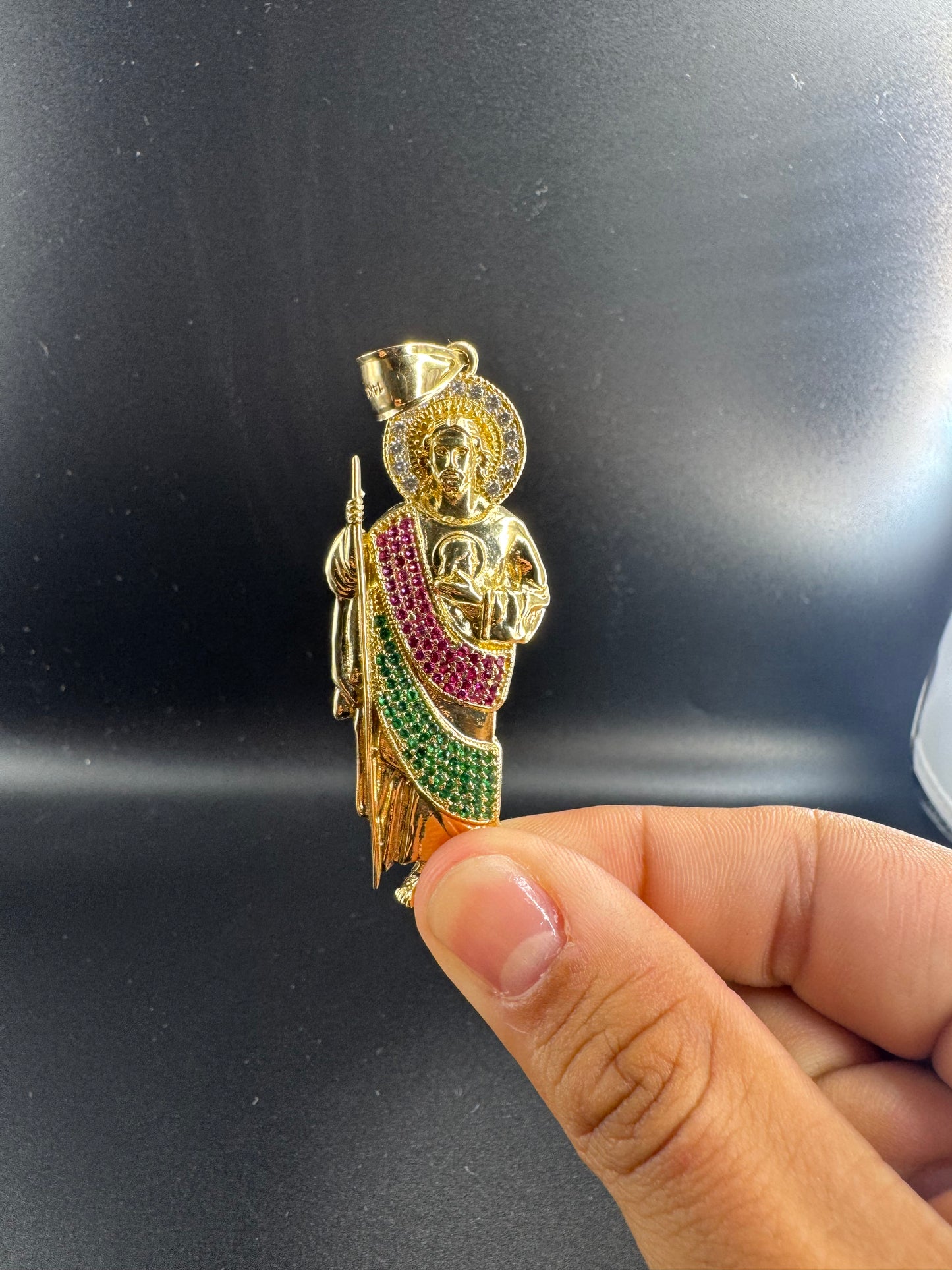 14K LARGE SAN JUDAS WITH RED GREEN AND WHITE ZIRCONS
