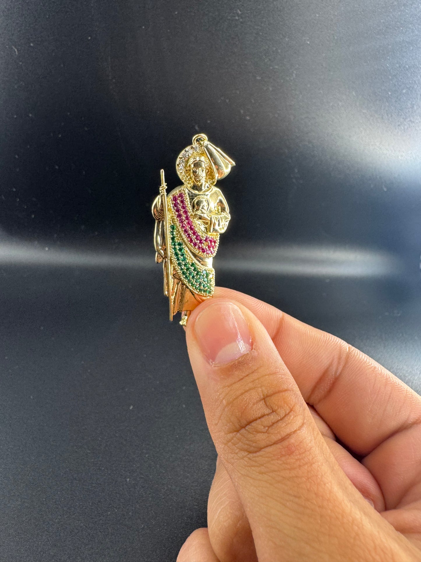 14K SMALL SAN JUDAS PENDANT WITH RED GREEN AND WHITE ZIRCONS