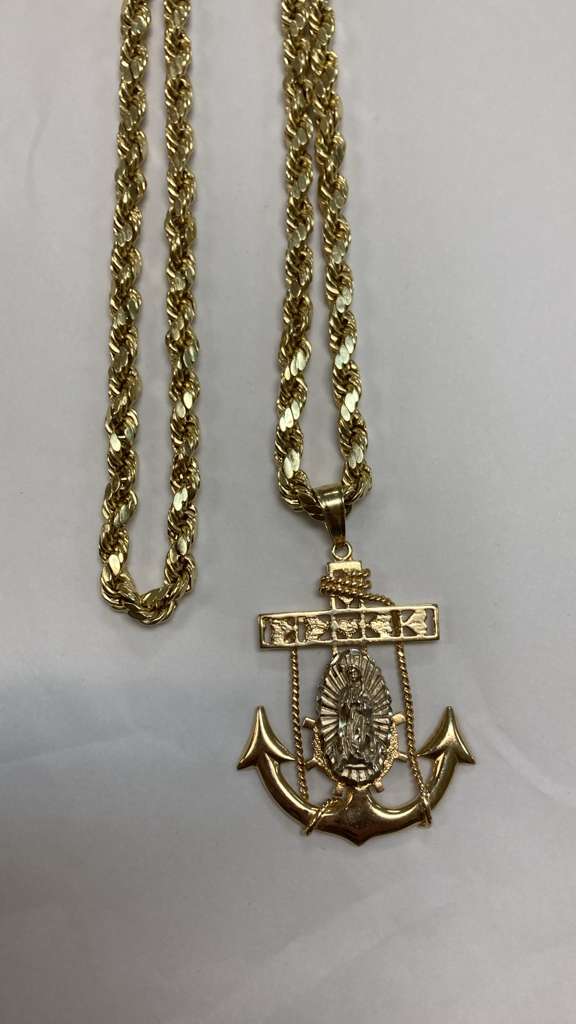 14K hollow rope chain 2 tone anchor pendant set