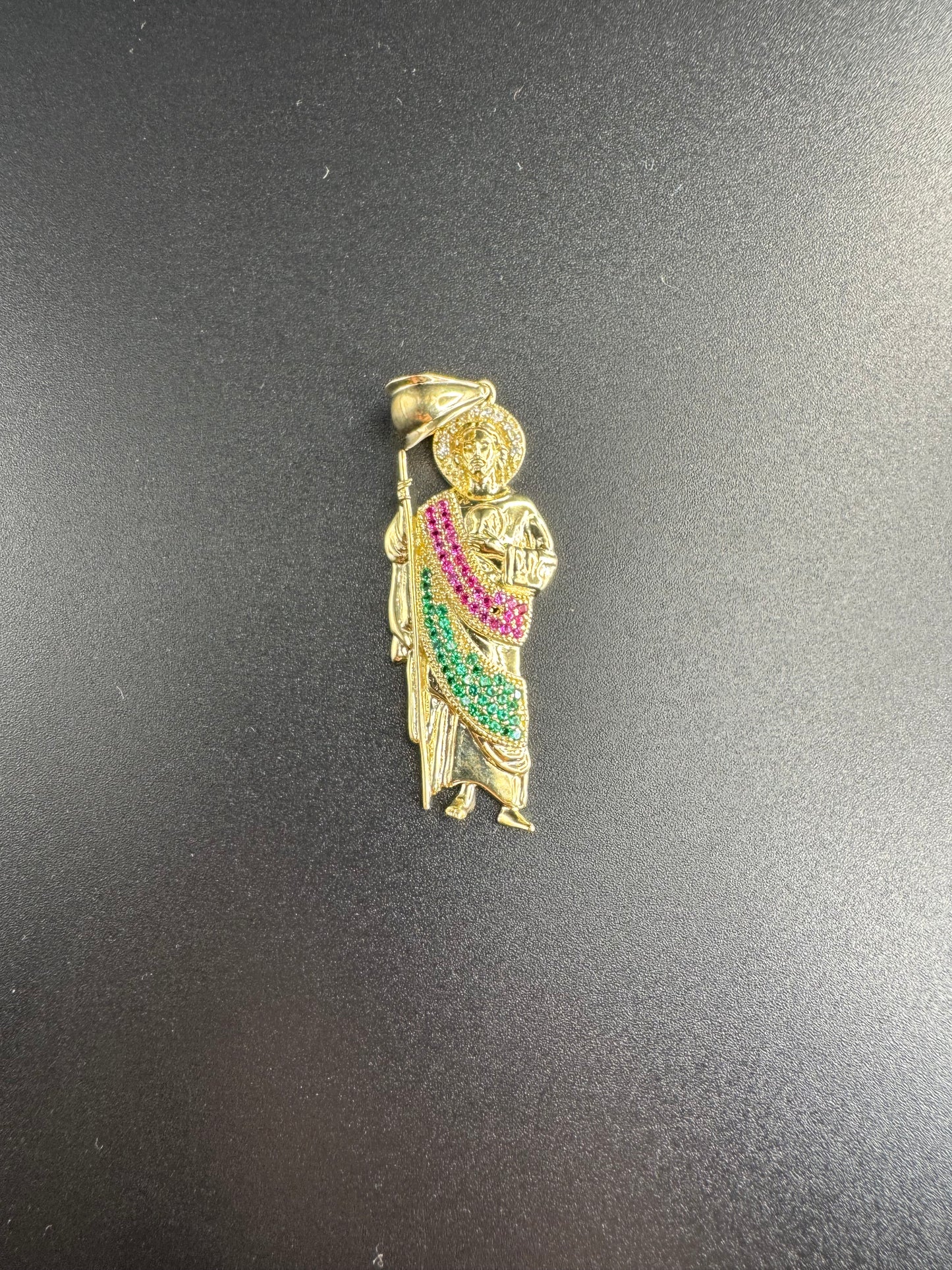 14K SMALL SAN JUDAS PENDANT WITH RED GREEN AND WHITE ZIRCONS