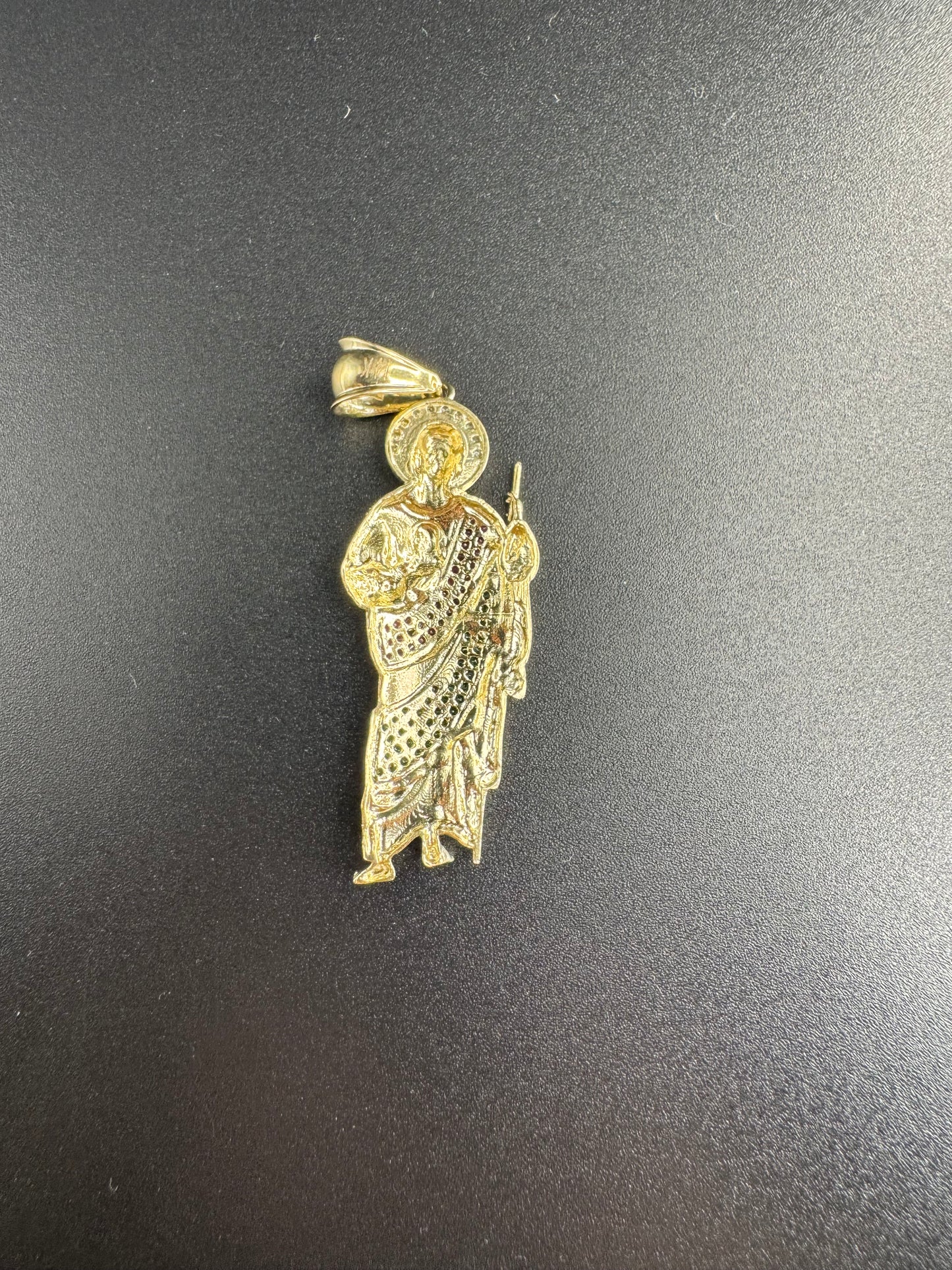 14K SMALL SAN JUDAS PENDANT WITH RED GREEN AND WHITE ZIRCONS
