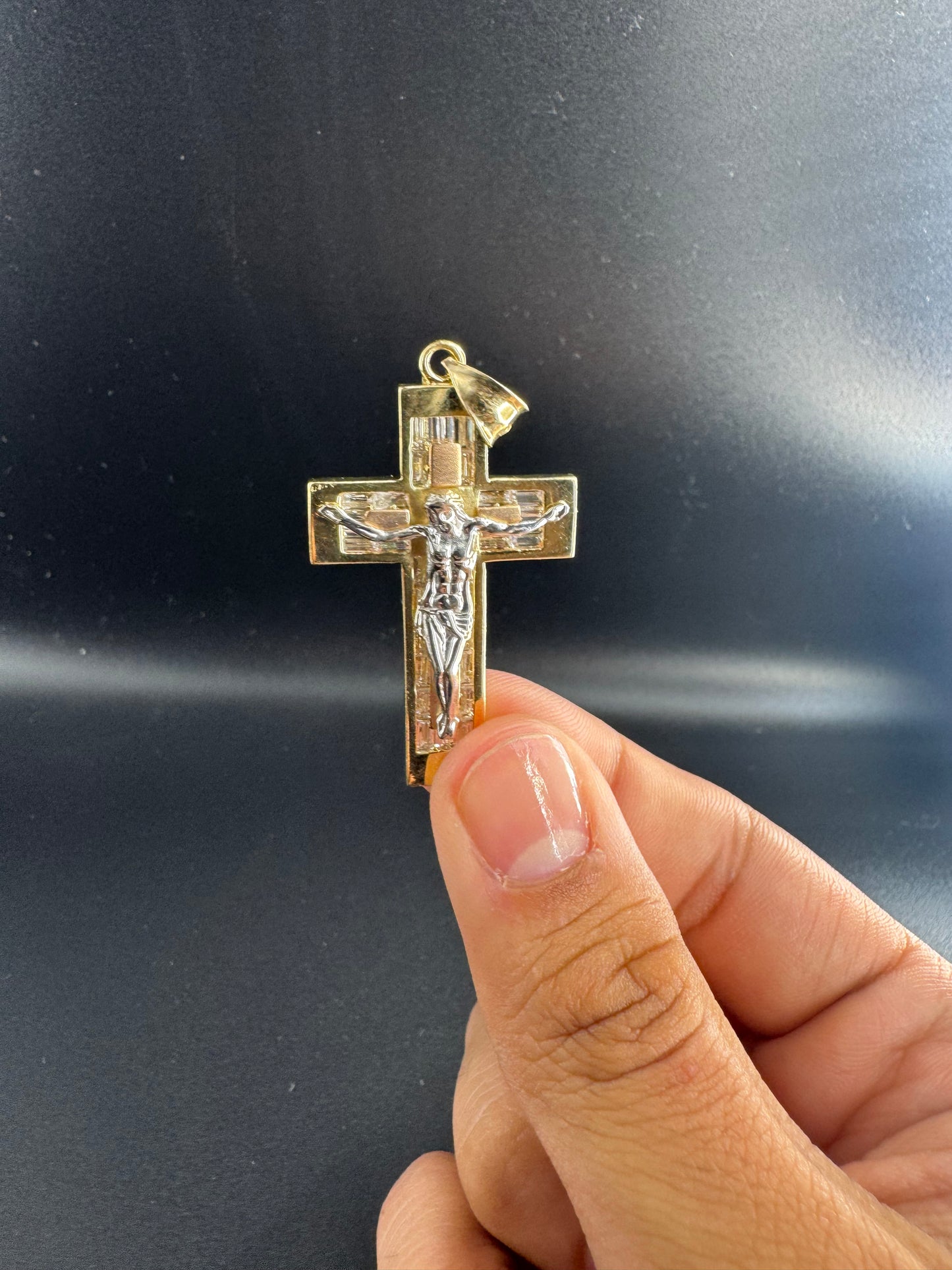 14K SQUARE CROSS WITH 3 COLOR CHRIST