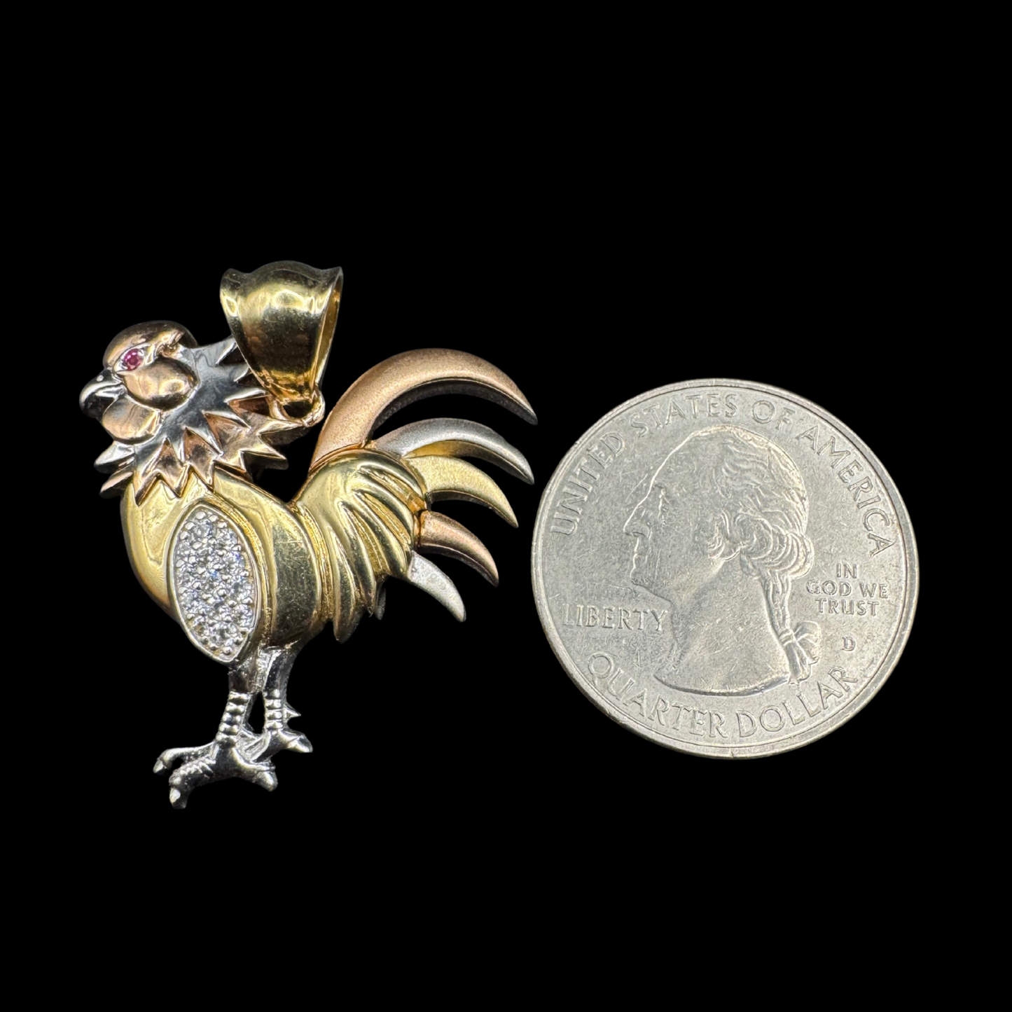 14K 3 TONE ZIRCON ROOSTER PENDANT