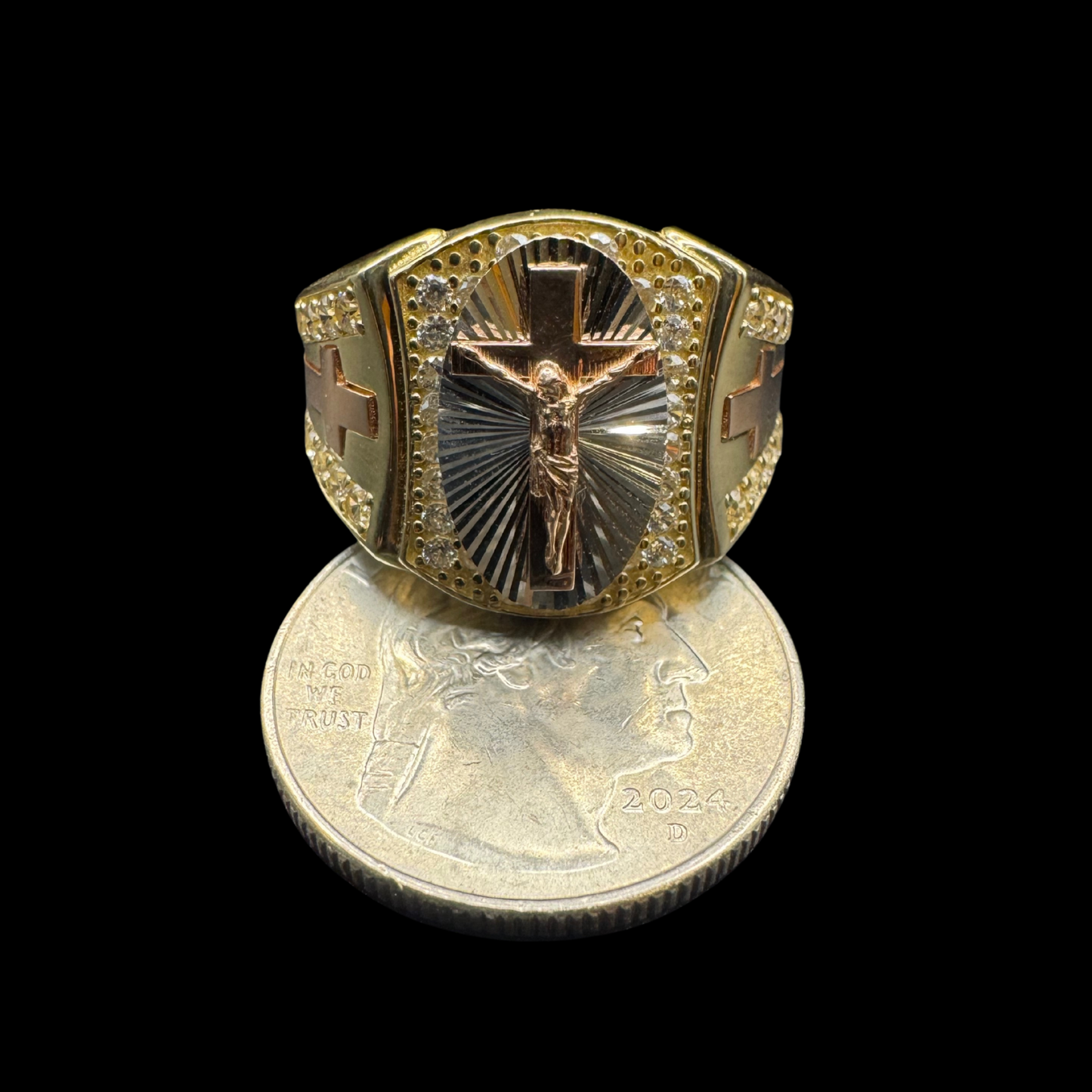 14K 3 TONE CRUCIFIX RING WITH ZIRCONS