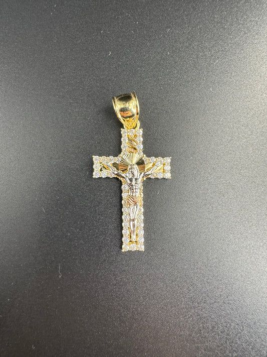 14K 3 COLORED CROSS WITH CHRIST AND ZIRCONS
