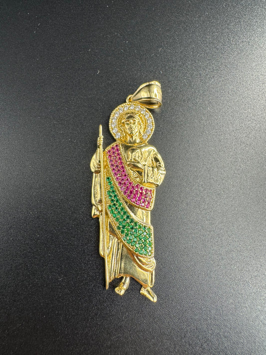 14K LARGE SAN JUDAS WITH RED GREEN AND WHITE ZIRCONS