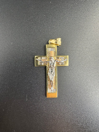 14K SQUARE CROSS WITH 3 COLOR CHRIST
