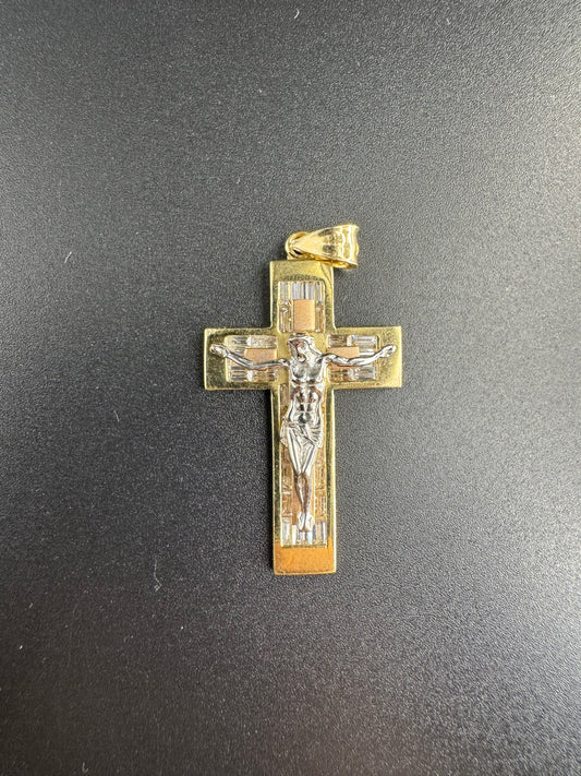 14K SQUARE CROSS WITH 3 COLOR CHRIST