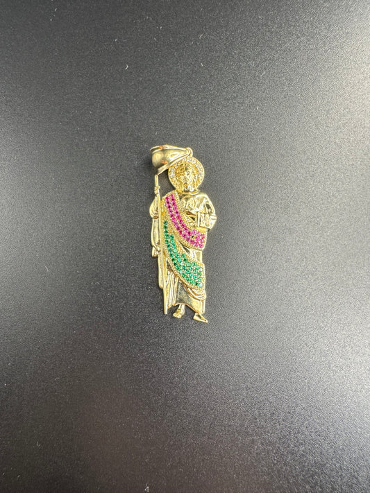 14K SMALL SAN JUDAS PENDANT WITH RED GREEN AND WHITE ZIRCONS