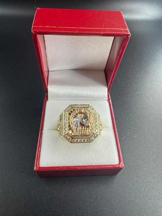 MENS 3 COLOR HORSE RING WITH ZIRCONS