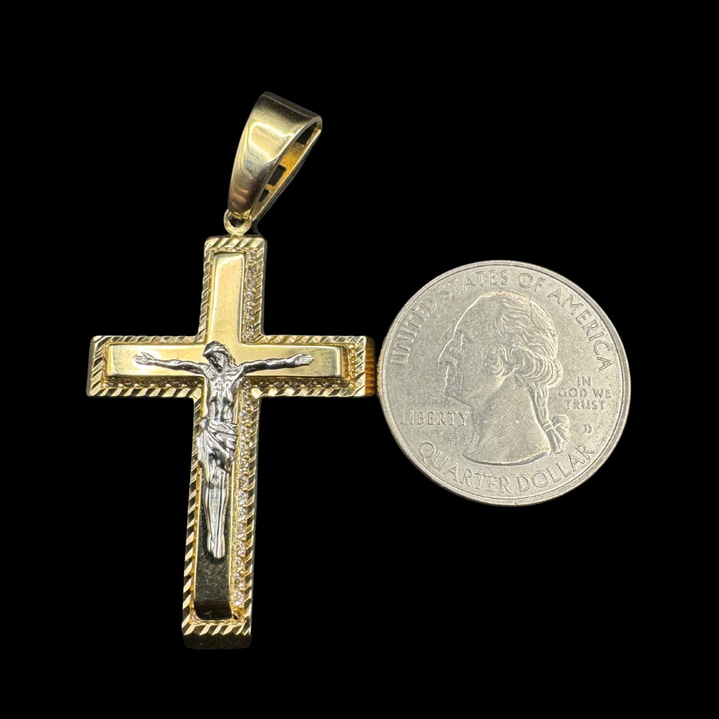 14K 2 TONE ZIRCON SQUARE CRUCIFIX