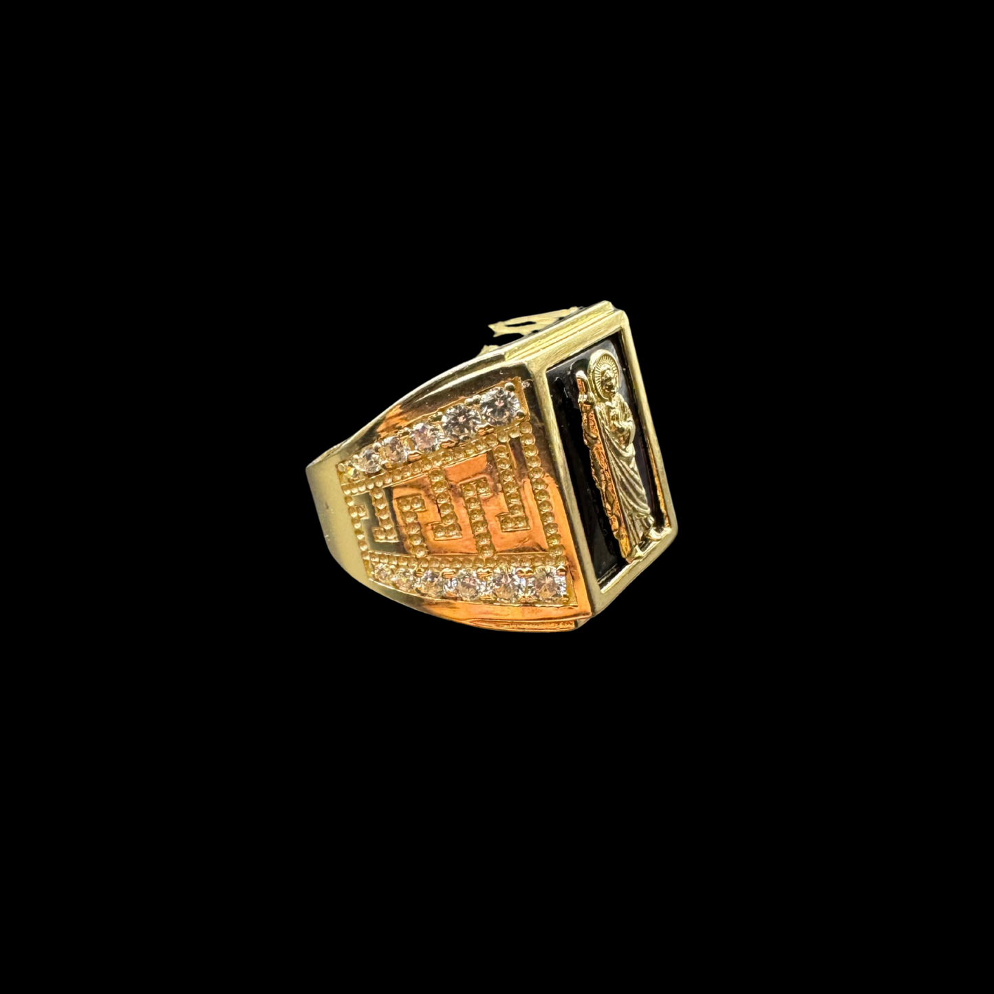 14K SAN JUDAS BLACK STONE WITH ZIRCONS RING