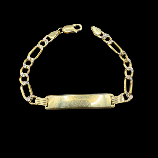 14K HOLLOW FIGARO WHITE PAVE NAME PLATE BRACELET